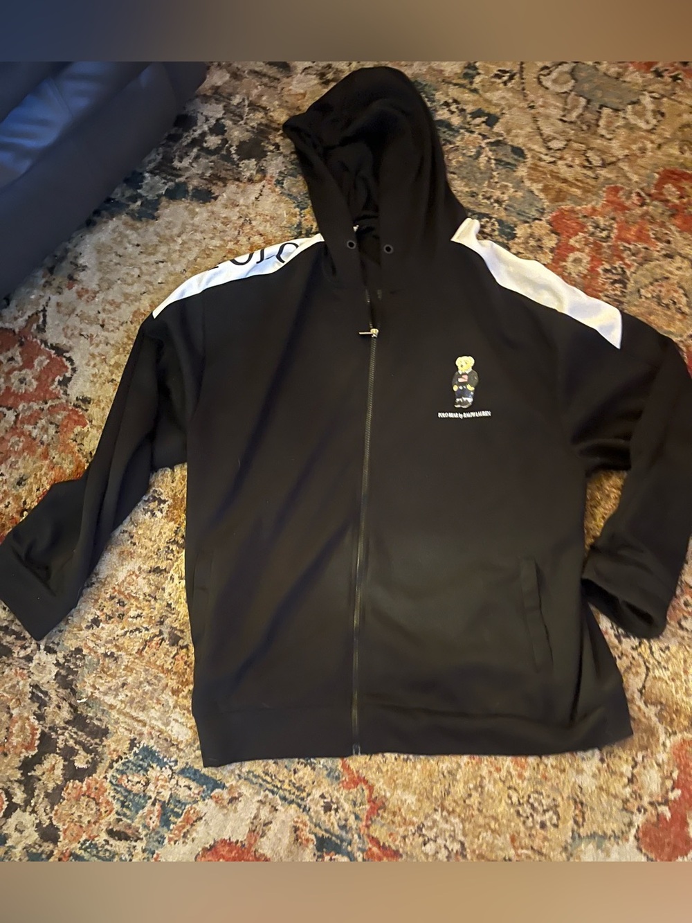 Polo by Ralph Lauren Black Hoodie Bear with White Shoulder Panels